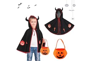 AOMAIGAD Cape de Diable d'halloween, Costume d'Halloween pour Enfant, Cape de Sorcier Enfant,Cape d'Halloween avec Sac de Bonbons Citrouille,déguisement cosplay