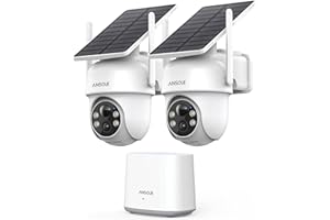 ANSQUE 2K Camera Surveillance WiFi Exterieure sans Fil Solaire à Batterie, Kit 2 Caméras avec Homebase, Zéro Frais, PTZ 360°, Suivi Automatique, Vision Nocturne en Couleur, Alarme Lumineuse Sonore