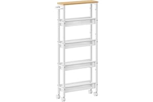 VASAGLE Desserte 5 Niveaux, Étagère de Cuisine Fin avec roulettes, Cadre en Acier, Poignée, Petit Espace, 13 x 45,4 x 99,6 cm, Salle de Bain, Salon, Bureau, Beige Chêne et Blanc LRC034W09