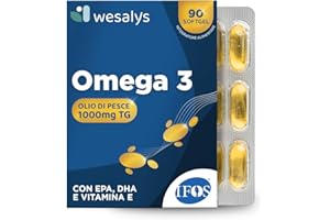 Omega 3 IFOS 5 Stelle Certificato, 90 capsule in Blister da 1000mg in forma Trigliceride, Senza Retrogusto. Olio di pesce ad Alto dosaggio, Ricco di EPA e DHA, Trigliceridi, Cuore, Cervello, WESALYS