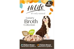 HILIFE it's only natural - Wet Dog Food - The Luxury Broth Collection Chicken Breast, Beef, Tuna, Beans, Vegetables - 100% Natural Grain Free, 15 Pouches x 100g