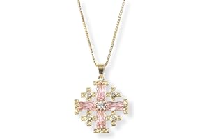 Nazareth Store 18k Vergoldeter Kreuzanhänger der Kreuzfahrer Jerusalem mit Kristallisiertem Pink Topas - Elegante 20" Halskette für Männer und Frauen