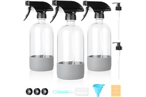 Furuising 3 Stück 480ml Sprühflasche Glas, Glassprühflaschen, Nachfüllbare Spray Bottle mit Justierbare Düse, Pumpe, Etikett, Kappe, Container, Trichter, Bürste für Putzmittel Ätherische Öle