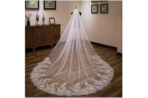 SHTGOI 3M Lange Hochzeitsschleier Kirche Hochzeit Brautschleier Tüll Kante Appliques Schleier mit Kamm Spitzen -Pailletten Softtüll für Braut Fotostudio Hochzeitskleid Zubehör Elfenbein