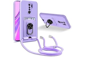 JMstore Handykette Schutzhülle Kompatibel mit Xiaomi Redmi 9,360° Ring Ständer magnetisches Eisenblech+Kartenfach Kameraschutz Stoßfester Silikon hülle-Lila