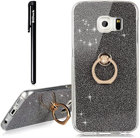 Galaxy S6 Edge Case,Samsung S6 Edge Case Glitter,BtDuck Soft TPU Silicone Case With Finger Grip Ring Stand Holder Phone Protector Shiny Bling Fashion Style Case Silver Clear View Crystal Cover Cute Case Gold Anti-slip Holster Skin Slim Fit Phone Protector Clear Case Pink for Girls Luxury Phone Protective Cases for Samsung Galaxy S6 Edge + 1 x Black Touch Stylus Pen[Not For Samsung Galaxy S6]