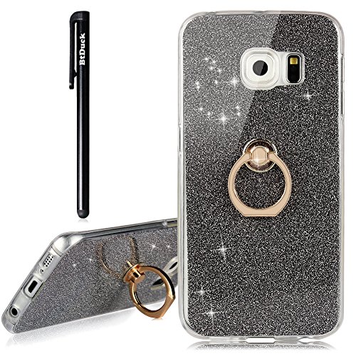 Galaxy S6 Edge Case,Samsung S6 Edge Case Glitter,BtDuck Soft TPU Silicone Case With Finger Grip Ring Stand Holder Phone Protector Shiny Bling Fashion Style Case Silver Clear View Crystal Cover Cute Case Gold Anti-slip Holster Skin Slim Fit Phone Protector Clear Case Pink for Girls Luxury Phone Protective Cases for Samsung Galaxy S6 Edge + 1 x Black Touch Stylus Pen[Not For Samsung Galaxy S6]