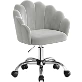 WOLTU Velvet Dressing Table, Swivel Chair with Wheels, Light Grey | Petal Back, Ergonomic for Makeup, Metal Legs