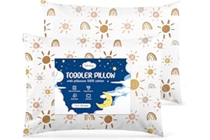 BABEBAY 2-Pack Toddler Pillow,13X18 Cotton Toddler Pillows for Sleeping, Machine Washable Kids Pillows with Pillowcase, Perfect for Travel, Toddlers Cot (Sunny Rainbow)