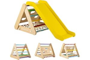 DREAMADE 4 IN 1 Kletterdreieck mit Rutsche und Kletternetz, Holzdreieck Kletterspielzeug aus Holz, Indoor Klettergerüst zum Rutschen und Klettern für Kinder ab 1 Jahr (Bunt)
