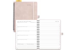 POPRUN Agenda 2026 Semainier et Carnet de Notes Moyen 22 x 16,5 cm - Couverture Spirale en Cuir Weekly Planner D'Jan 2026 à Déc 2026, Onglets Mensuels, Papier 100 g/m², Rose Doux