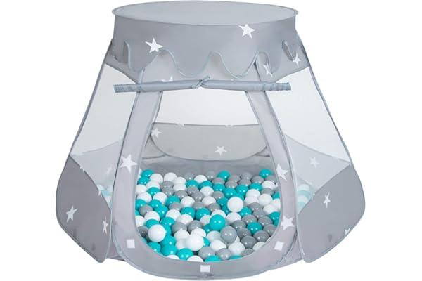 Selonis Tienda 105X90cm/100 Bolas De Campaña/Castilo Plegable con Bolas 6Cm para Niños, Gris:Gris-Blanco-Turquesa