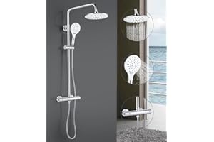 Solepearl Thermostat Shower System, Wall Mounted Circular Thermostatic Shower Mixer with Rainfall Shower Head, Handheld Shower, Wall Rail, Water-Saving Shower Set, Scalding Protection