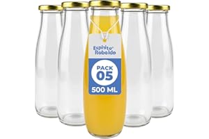 Espirito Rebelde Lot de 5 Bouteilles en Verre Vides de 500 ml avec Couvercle | Bouteilles en Verre pour Jus, Lait, Barbecue, Sauces | Idéales pour Pique-niques, Mariages et Fêtes