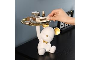 BOMKRA Key Tray for Entryway Table, Bear Statue Candy Dish for Office Desk, Trinket Dish Art Home Decor (White)