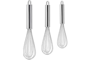 BRITECO Stainless Steel Egg Whisk Set of 3 Pcs, Durable Wire Whisk for Cooking and Baking, Balloon Whisk for Stirring, Blending, and Beating, Ergonomic Handle, Dishwasher Safe