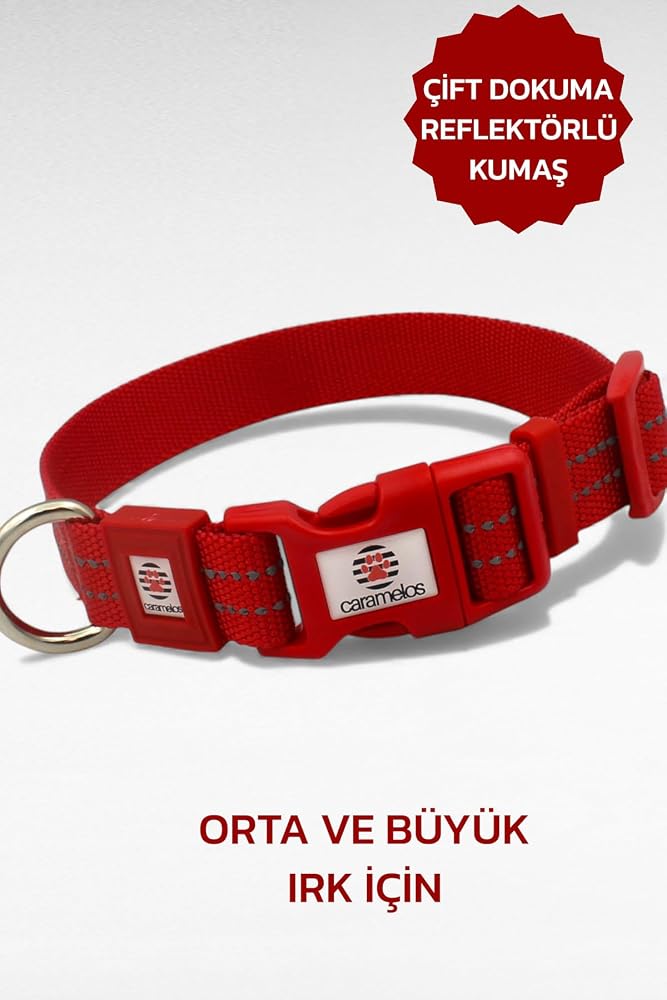 caramelos REFLEKTÖRLÜ KÖPEK TASMASI, BÜYÜK VE ORTA IRK KÖPEK TASMASI, KÖPEK BOYUN TASMASI Kırmızı-L