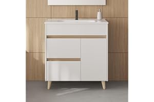 AMIZUVA - Conjunto de Mueble de Baño Kaori con 2 cajones y 1 Puerta - Anchura 80 cm - Incluye Lavabo Cerámico - Lavabo para Baño con Acabado Blanco Brillo - Mueble Lavabo 80x85,5x46 cm
