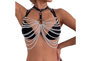 WUUDOA Leder Truhe Kette körperkette Damen Harness Brust Ketten rave outfit damen Punk Leder Truhe Kette Geschichtet BH Ketten Mehrschichtig Bondage Sexy Harness Nachtclub Halsband Körperzubehör für Frauen