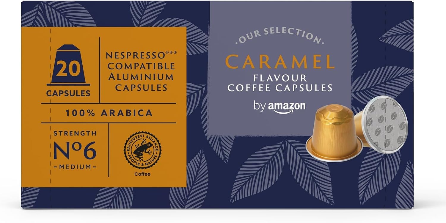 by Amazon Cápsulas de Aluminio de Café Sabor Caramelo Compatibles con Nespresso, 20 Unidades (1 Paquete de 20), Certificadas por Rainforest Alliance