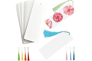 xinxinlovee Blanko Lesezeichen, 40 Stück Leeres Lesezeichen mit 40 Bunten Quasten, Papier lesezeichen Basteln mit Loch, für DIY Handwerk Geschenkanhänger (Weiß, 15x5cm)