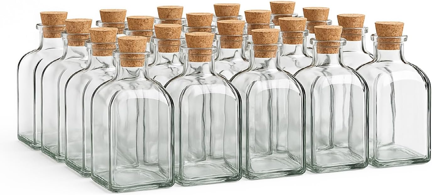 TIENDA EURASIA - Botella de Cristal Frasca - Pack 24 Frascos de Vidrio con Tapon de Corcho - Transparente - Disponible en Varias Medidas (125 ml / 24 uds)