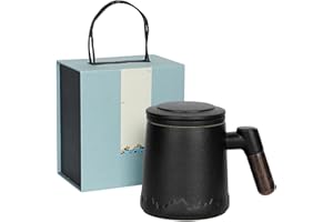 Greyoe Tazza da tè con Coperchio e Colino, 400 ml Tazza da tè da con Colino, Tazza da tè in Porcellana con Manico in Legno Adatta per Regali, Confezione Regalo Squisita, Nera