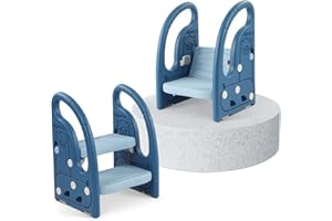Onasti Sgabello a due gradini per bambini, Scaletta gradini, Sedile per Addestramento per WC, Multifunzione, Regolabile in Altezza, Con braccioli, Antiscivolo - Da 1.5 a 5 Anni circa (Blu)