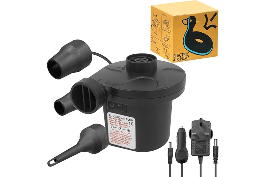 Jsdoin Electric Pump for Inflatables with 3 Nozzles, AC 240V/DC 12V 50W High Power Electric Air Pump for Air Bed Mattress Inflatables Paddling Pool Beach Toys, Fill Inflator Deflator