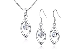 Zolkamery Silver Jewellery Set for Women, 925 Sterling Silver Women's Jewellery Sets with White/Blue/Pink Zirconia, Hypoallergenic Twist Pendant Necklace & Hook Dangle Earrings Set Gift with Gift box