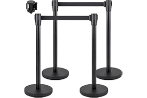 VEVOR Poteau de guidage, 4 pcs, barrière de balisage pour contrôle de foules avec sangle rétractable noire 2 m, ruban de barrière, support de barrière avec base en béton et métal, pour théâtre, hôtel