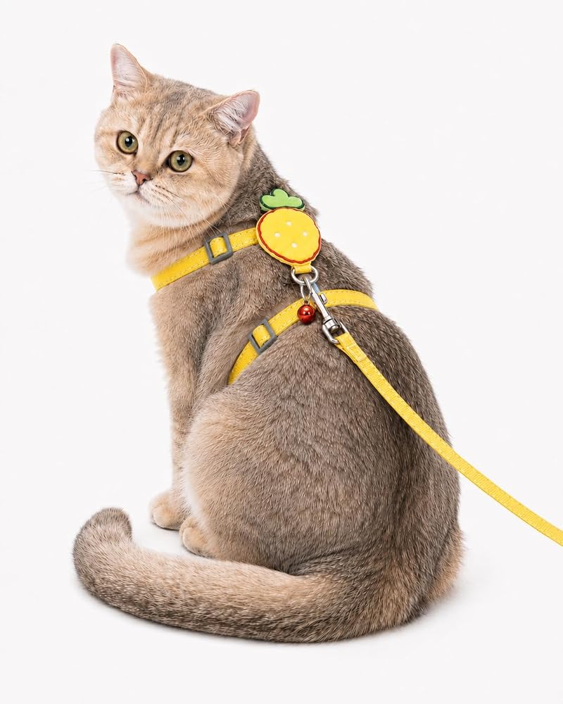 getmeev Çilek Figürlü Zilli Kedi Göğüs Tasması ve Gezdirme Kayışı Seti, Ayarlanabilir Göğüs Tasması ve Gezdirme İpi, Günlük Gezi ve Yürüyüş İçin (Sarı)