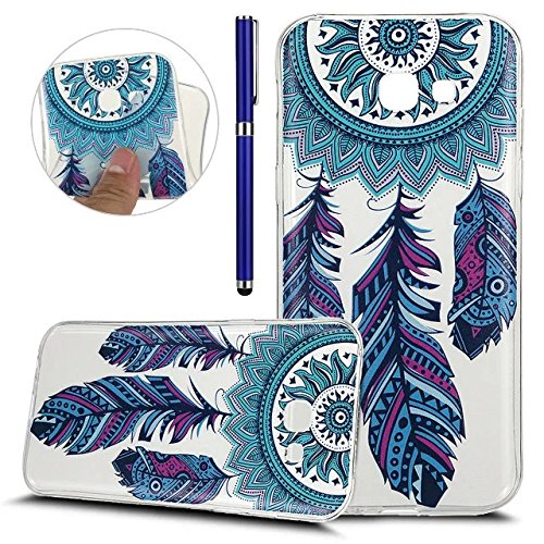 FESELE Transparent Handyhülle für [Samsung Galaxy A3 2017] Silikonhülle, Bunt Gemalt Samsung Galaxy A3 2017 Durchsichtig Ultradünn Silikon Crystal Case Weicher Gel TPU Schutzhülle Cover klar Rückseite Schutz Hülle Stoßdämpfung Kratzfeste Bumper Etui für Samsung Galaxy A3 2017 Traumfänger und Feder + Blau Eingabestift Stylus Touch Pen
