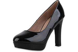VAN HILL Damen Klassische Pumps mit Pfennigabsatz Lack Plateau Vorne