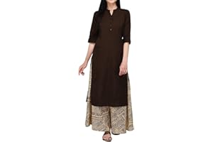 Ladyline Ladies Pure Cotton Plain 3/4 Sleeve Roll Up Button Neck Tunic with Pocket Long Kurti Kurta