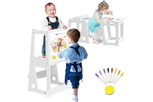 BUEDEHAI 4 in 1 Step Stool for Kids, Kitchen Children Learning Standing Stool with Whiteboard 2 in 1 Convertible Table and Chair, Removable Safety Rail, Widened Platforms for Kitchen Counter Bathroom Sink