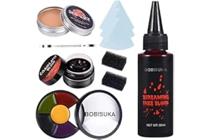 KOMEIYL 10pcs Set Trucco Halloween Sangue Finto, Set Trucco Sangue Cicatrici, Halloween Makeup Set, Plasma + Unguento Sangue + Pittura Viso + Cera Cicatrici Finte + 5 Spugne + Raschietto