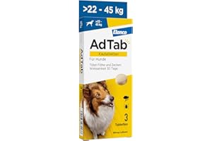 AdTab Hunde Zecken- und Flohschutz (über 22 bis 45 kg), Kautablette tötet Zecken und Flöhe schnell ab und schützt einen Monat lang, leicht zu verabreichen (3 St. pro Packung)