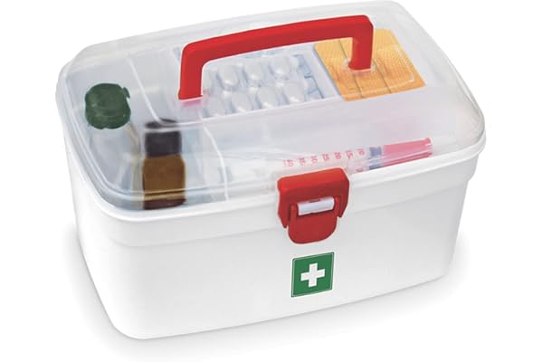 MILTON Plastic Medicine Box, First Aid Box, Detachable Tray with Handle, Emergency Indoor Outdoor Medical Utility Cabinet Organizer, Transparent, Portable & Lockable Container, White