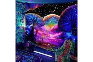 Ulticool Grzyby, księżyc, noc – Glow in the Dark dywan ścienny – czarne światło pod UV reaktywne czarne neonowe światło – czarne światło psychodeliczne w ciemności – 200 x 150 cm – dekoracja na