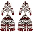 Voylla Brass Silver Oxidised Plating Rangabati Pink Embellishments Jhumka Earrings with Pearl Beads for Women and Girls