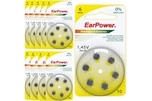 60 Piles Auditives EarPower Taille 10 / A10 (Lot de 10 Plaquettes) - pour Appareils Auditifs/Aides Auditives - sans Mercure - Voltage 1.45V / PR70 / Premium Zinc AIR / A10 / P10 /