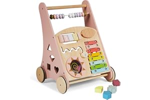 BUDDY BABY Montessori- Walker Baby in legno - Passeggino per primi passi con giocattoli e attività - Carrello tapis roulant per bambini +12 mesi (Lapponia/Rosa)