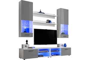 ExtremeFurniture Furniture Set, 6 piece, TV Cabinet Display Cabinets Wall Mounted Shelves, Large Storage Space, LED RGB, 200 x 195 x 45 cm, Modern, White Matt and Grey High Gloss