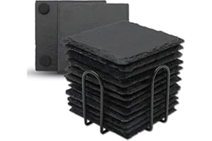 ‎VIBRATITE VIBRATITE Schiefer Untersetzer, 12 Stück Glasuntersetzer eckig mit Halter, Schieferplatte 12x12 cm schwarz für Getränke, Glas, Tassen, Bar