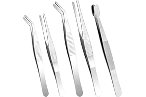 LEOEASIY Pinzas Curvas 5 PCS Pinzas Rectas de Acero Inoxidable con Punta Plana y Filo Ondulado Curvado,Pinzas de Precisión Rectas,Pinzas para Electrónica,Trabajos de Laboratorio,Animales Acuáticos