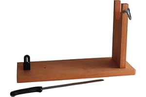 Fackelmann Set Soporte Jamonero y Cuchillo 22/33cm, Rosca Insertada para Mayor Durabilidad, Doble Agujero para Ajuste de Jamones Grandes y Pequeños, Fabricado en España, Madera de Pino, 42x16x26 cm