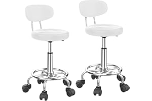 PIPIPOXER Set di 2 sgabelli da parrucchiere con schienale e sgabello, girevole a 360°, regolabile in altezza 47-61,5 cm, sgabello da ufficio ergonomico, adatto per saloni di massaggi (bianco)