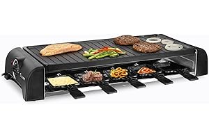 MaxxHome - Raclette, Fondue, Elektrischer Tischgrill, 1500 W, Für 10 Personen, 10 Pfännchen, Abnehmbarer Grill mit Fondueset und Steinplatte, 10 Holzständer, schwarz
