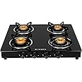 Faber Daisy Glass Top 4 Burner Gas Stove | Powder Coated Pan Support | Brass Burners | 2 Medium & 2 Small Burner | Easy Cleaning | Manual Ignition | Hob Cooktop Daisy 4BB BK, Black